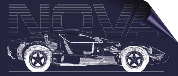 Nova logo with a line drawing of the car's chassis
