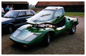 Green Nova kit car with its hydraulic canopy open